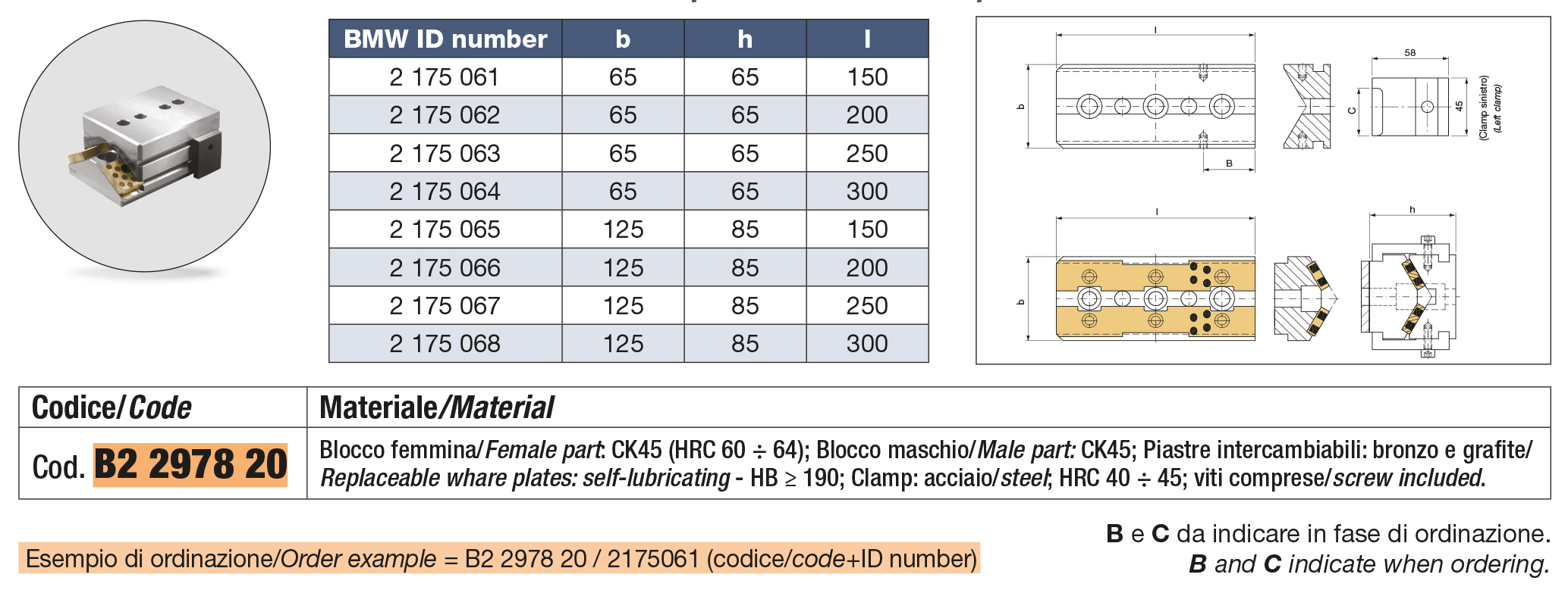 Guida a V con piastre di scorrimento intercambiabili e ritorno di sicurezza